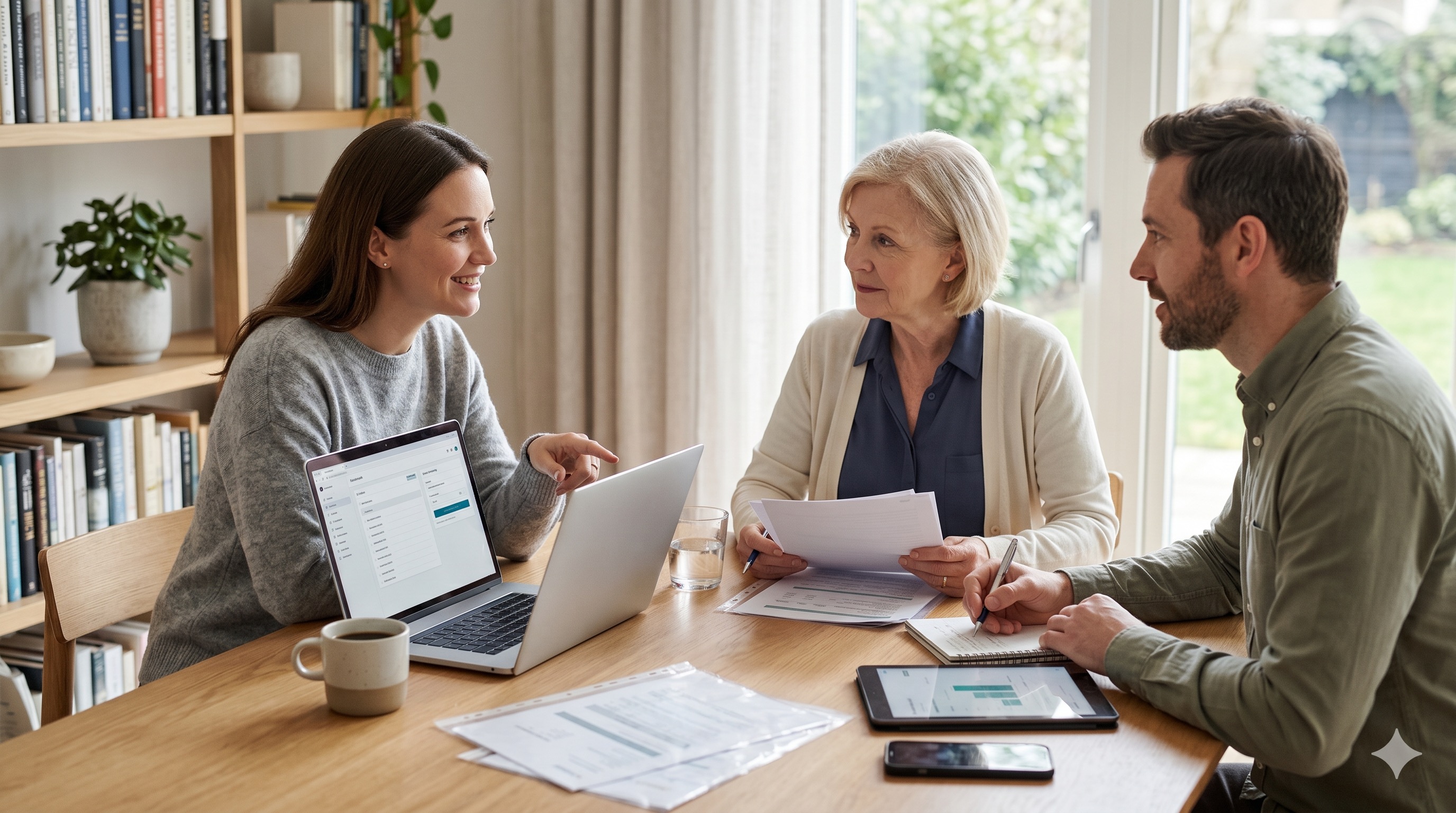 A small team sketches a family digital legacy plan on a whiteboard while a parent and adult child review accounts together on a laptop nearby.