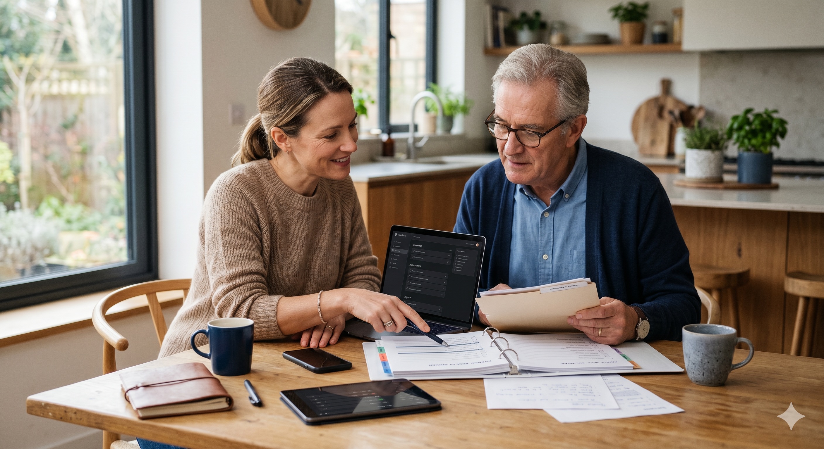 A parent and adult child sit together at a kitchen table organizing accounts, documents, and device details into a secure family digital binder on a laptop.