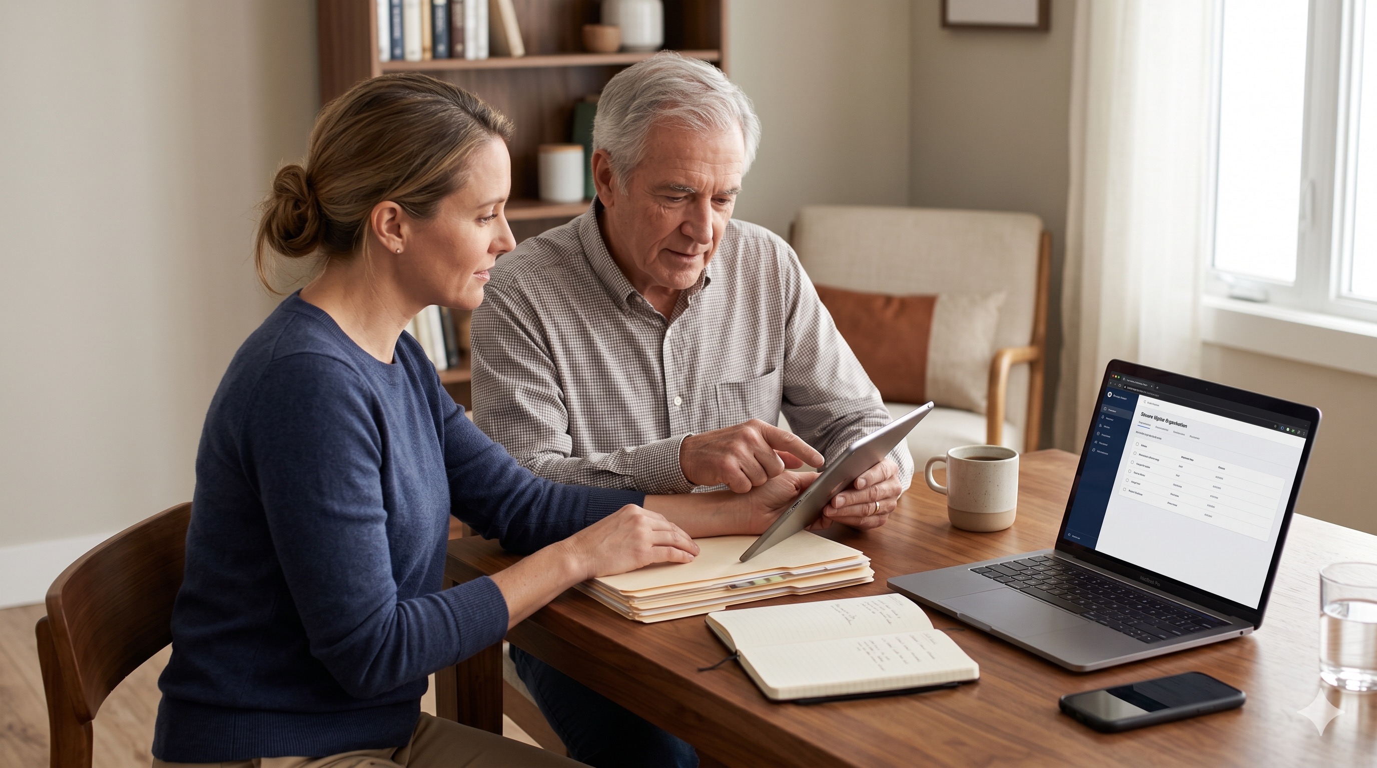 A calm home office scene with a laptop, phone, and notebook on a desk, representing a family's growing digital life and the need for a plan.