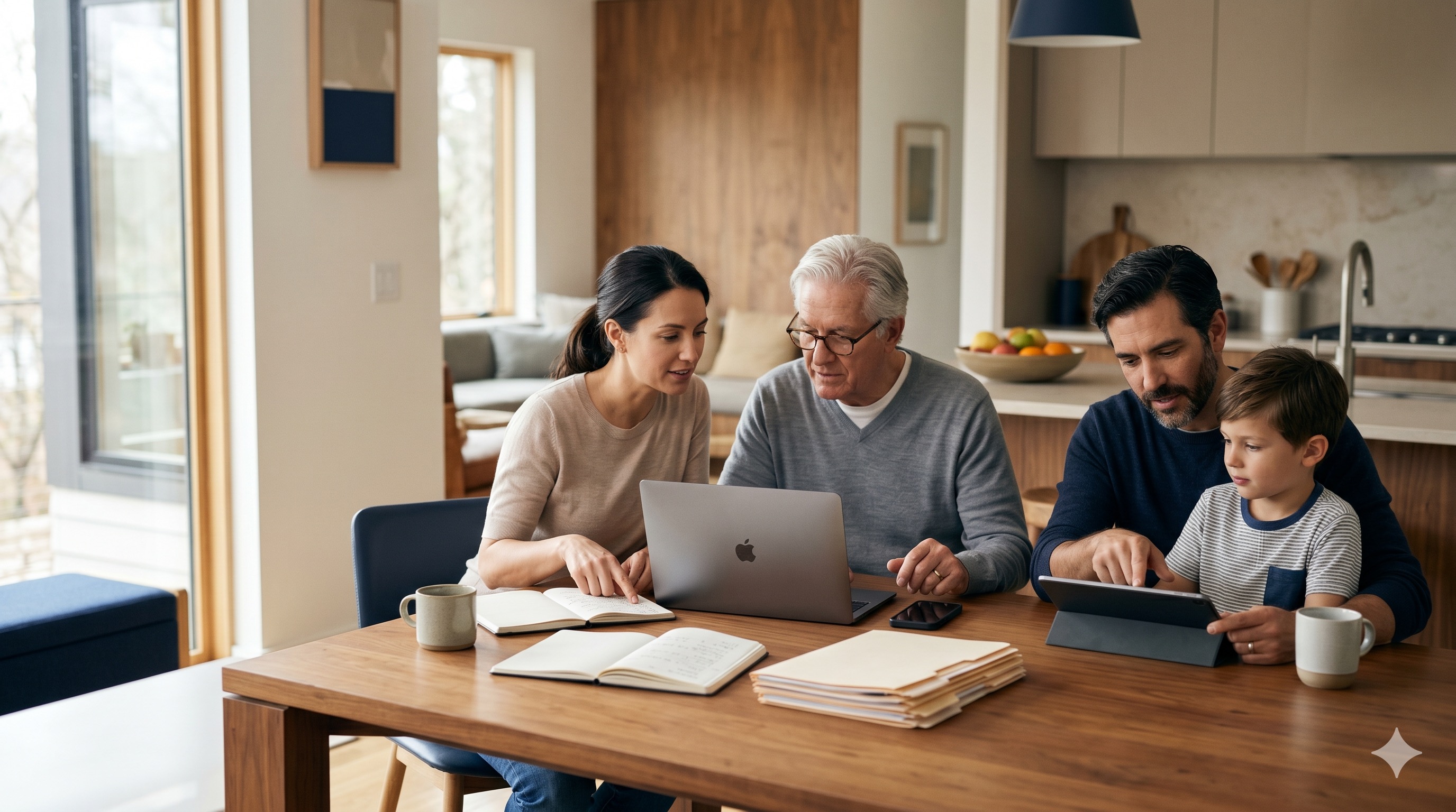 A multi-generational family sitting together at a kitchen table, calmly reviewing passwords and account settings on a laptop and phone.