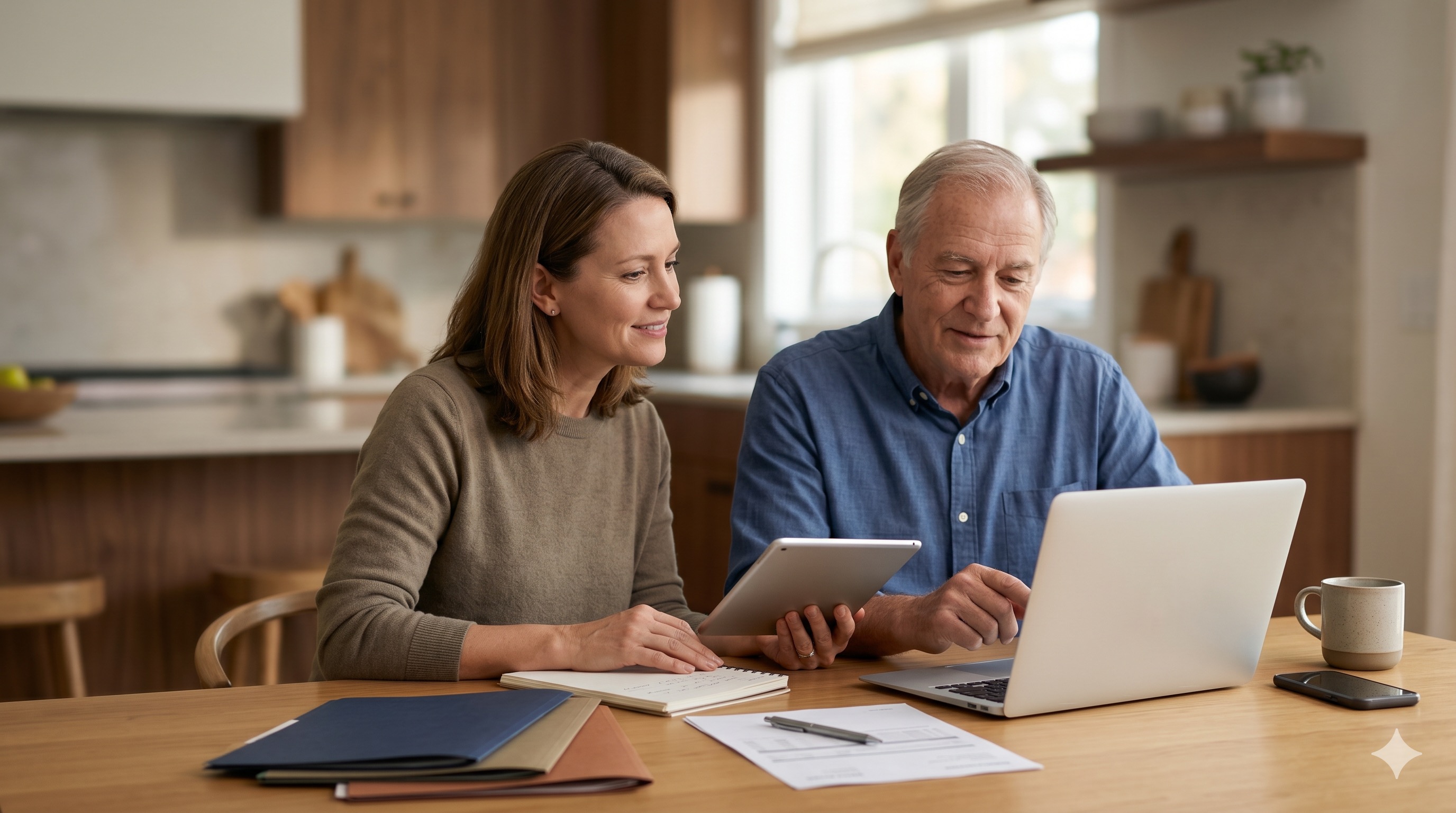 An adult sits at a sunny kitchen table with a laptop, notebook, and coffee, calmly building a list of their online accounts.