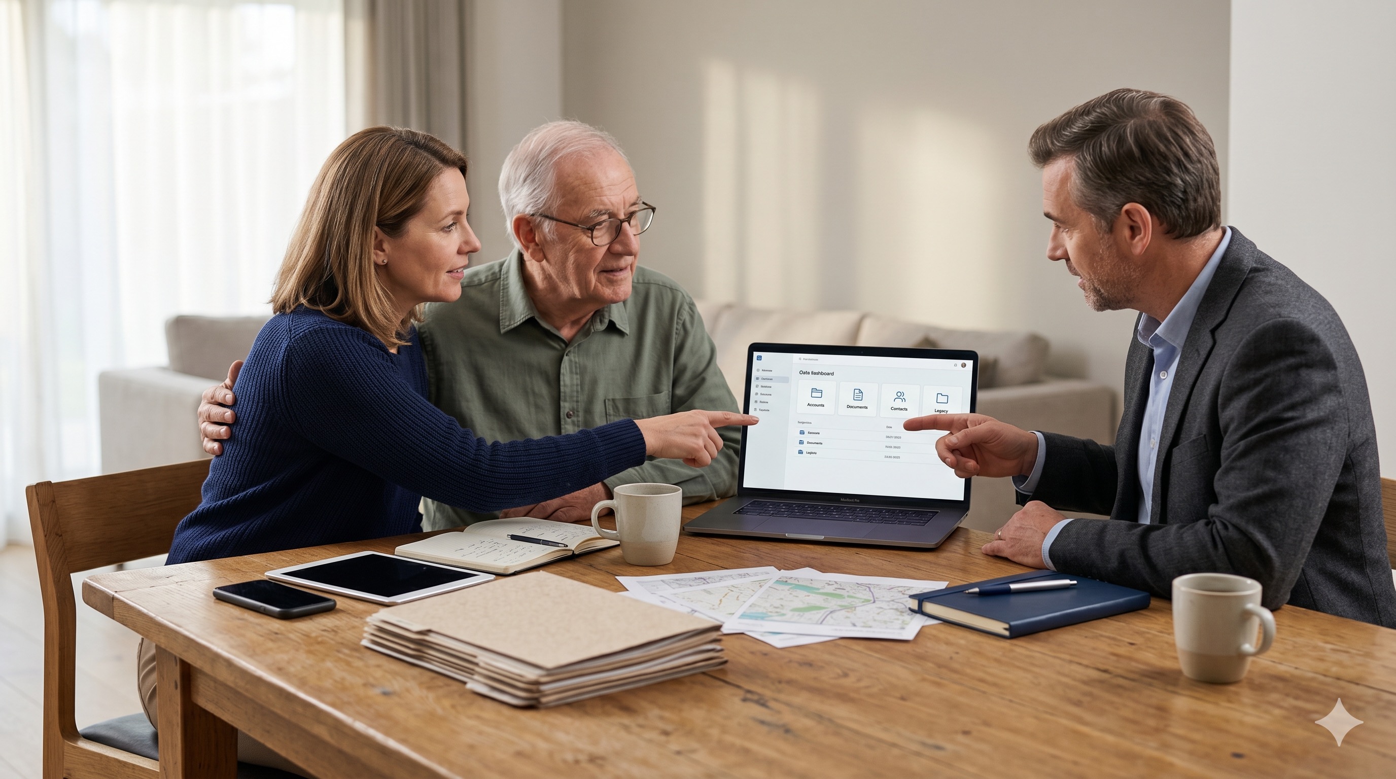 A family and a professional advisor reviewing an organized digital plan together on a laptop and tablet at a bright table, looking calm and confident.