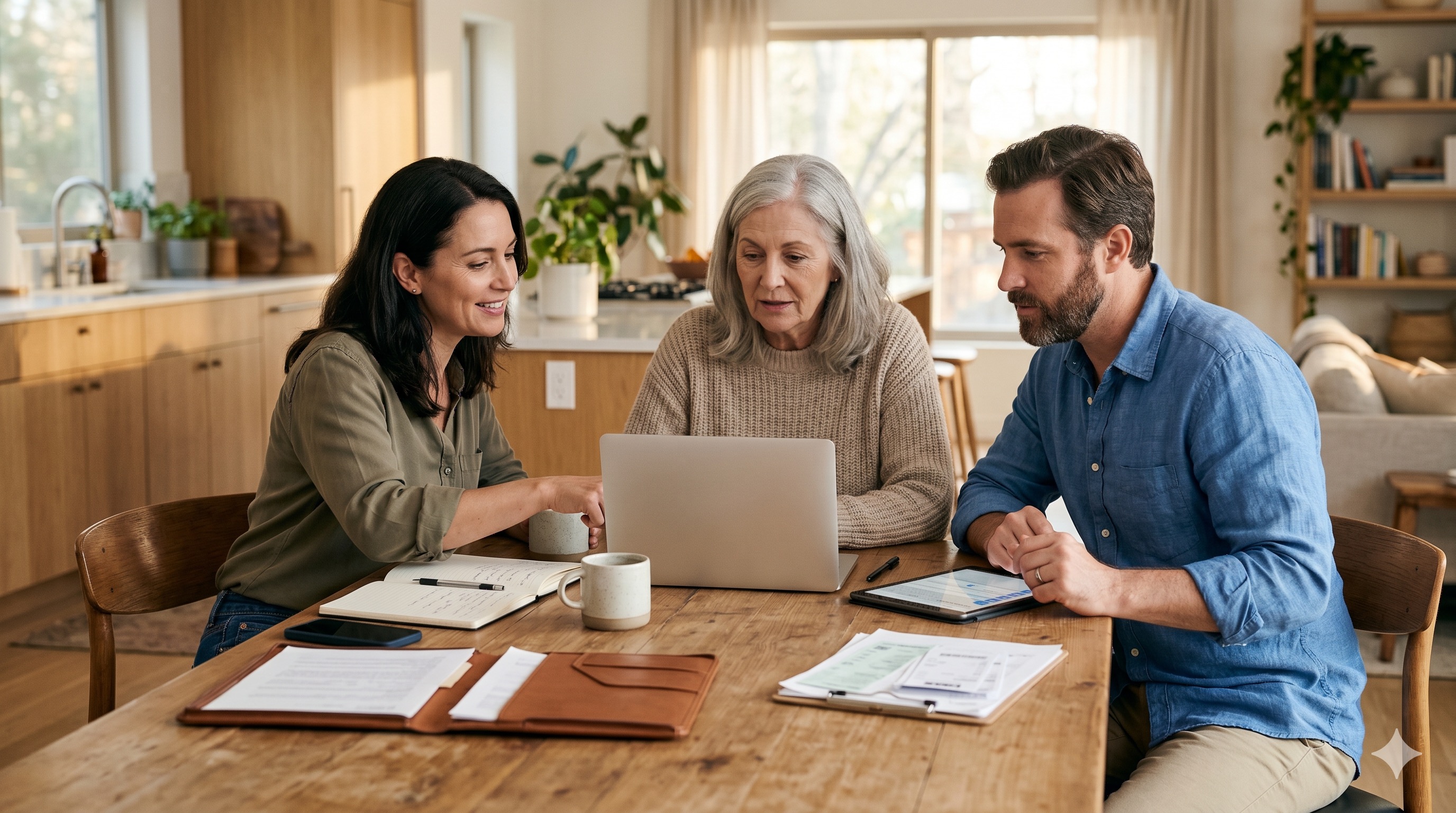 A multi-generational family sits together at a kitchen table reviewing accounts and documents on a laptop, calmly planning who can access what in an emergency.