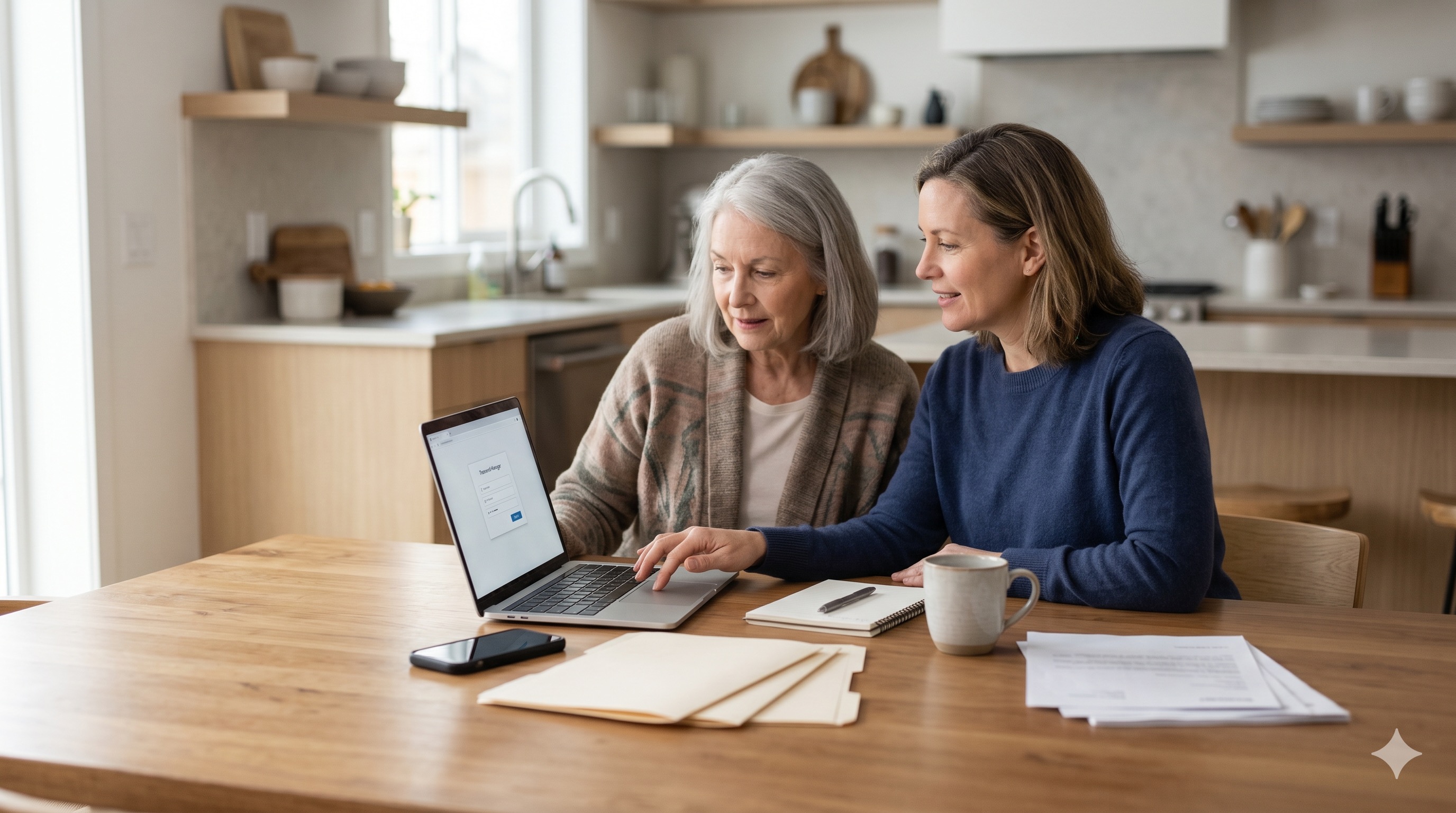 A relaxed adult at a kitchen table logs into an account on a laptop while a password manager fills in a long, secure password automatically.