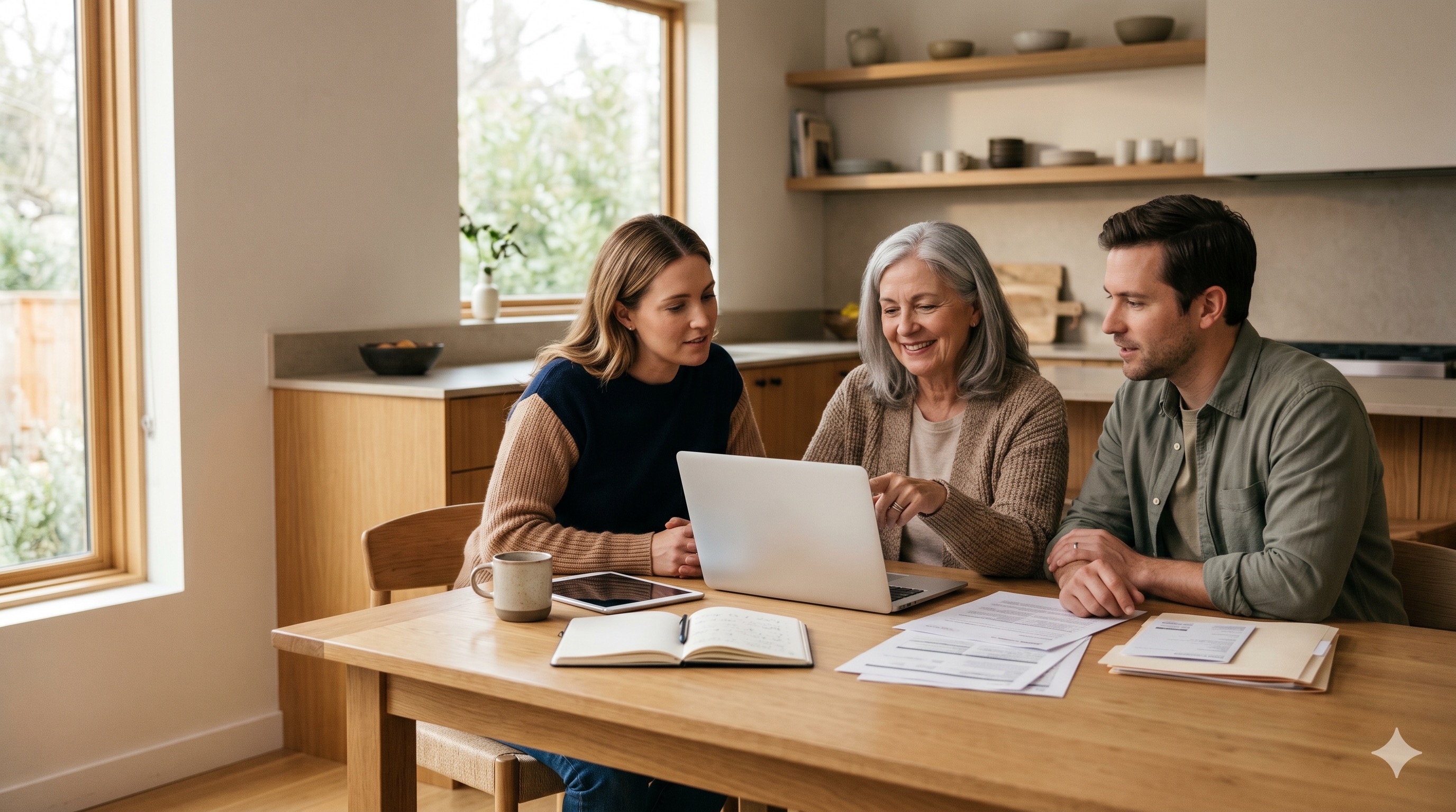A family of three sits together at a kitchen table reviewing online accounts and a shared password vault on a laptop and phone, with a notebook of important instructions beside them.