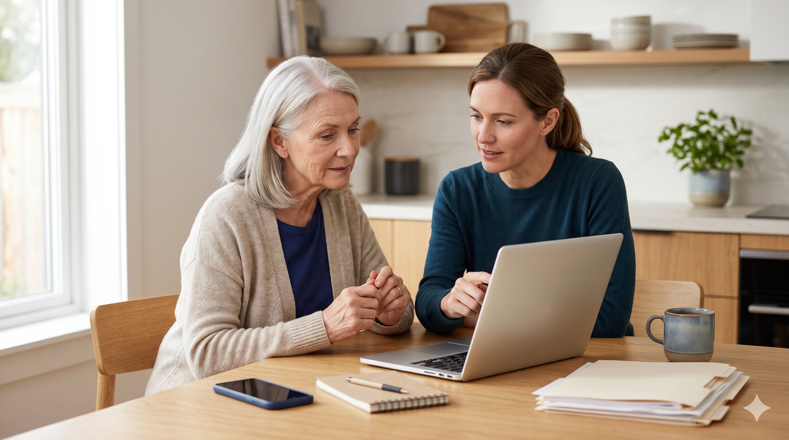 An adult sits at a kitchen table reviewing their email security settings on a laptop, checking two-factor authentication and recovery options.