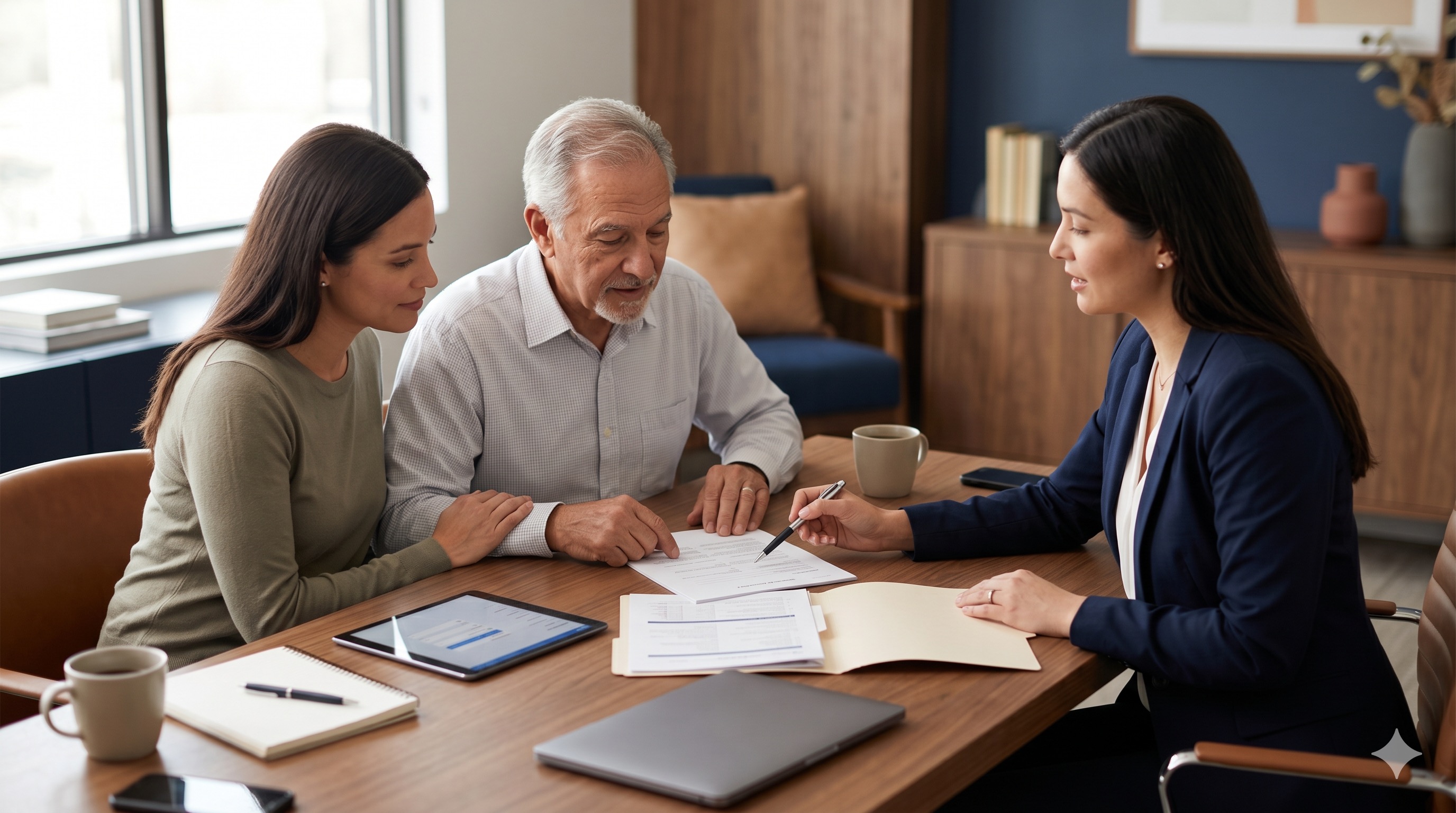 A calm meeting between an adult client and an estate attorney at a desk, reviewing a printed checklist of digital accounts and online assets together.