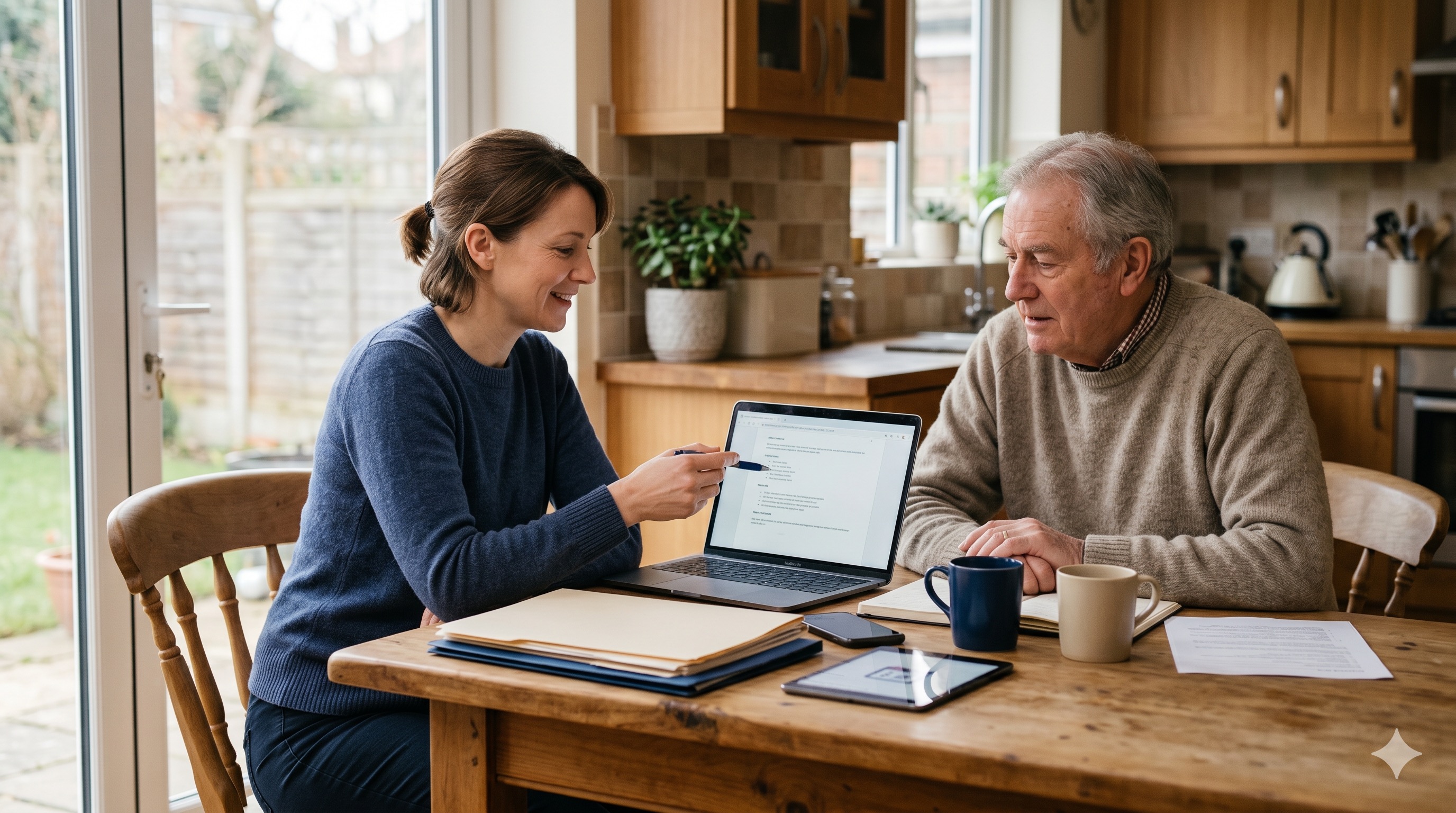 A woman sits at a kitchen table reviewing a secure emergency access plan on a laptop while a trusted family member looks on calmly.