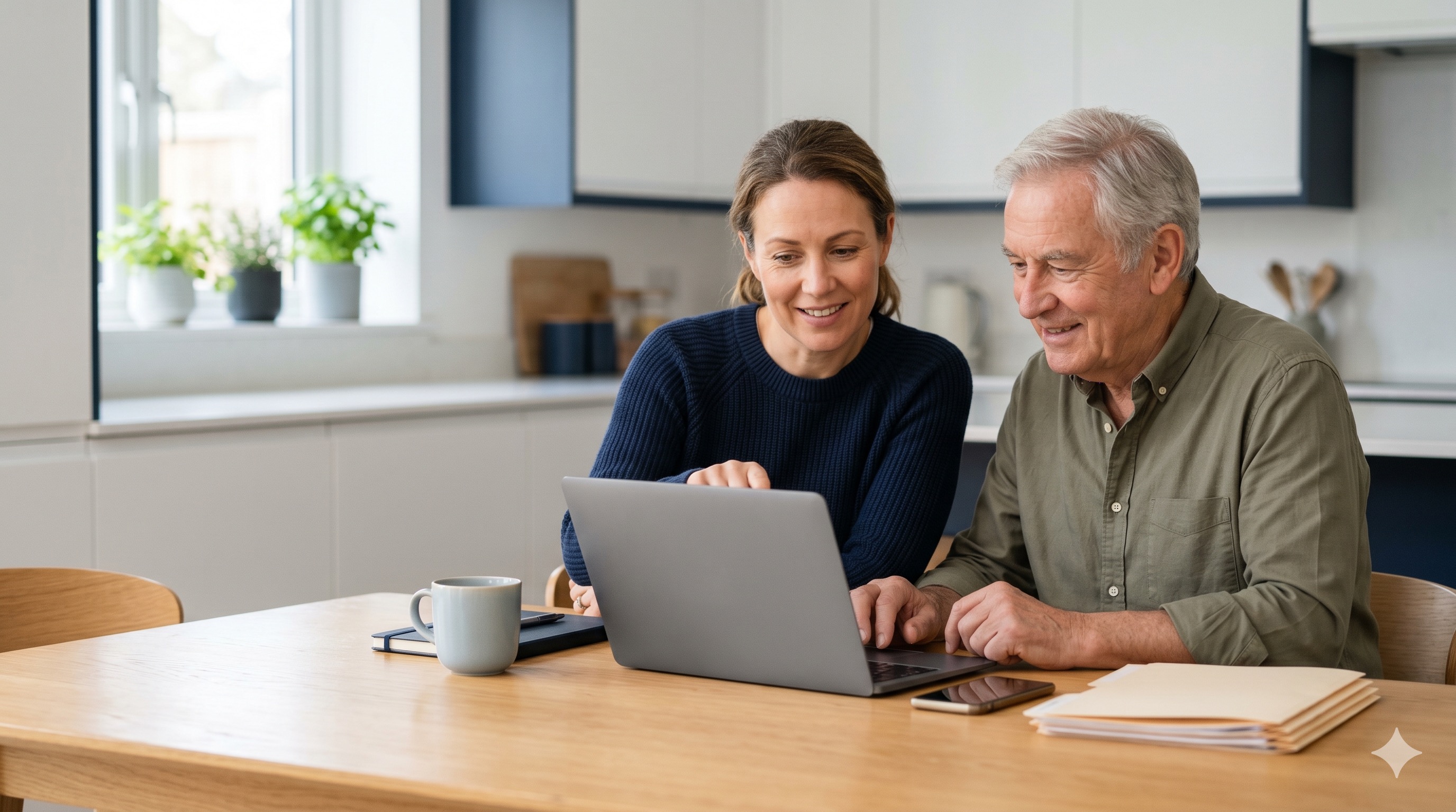 A relaxed adult sitting at home with a laptop and phone, calmly organizing online accounts, documents, and passwords into a digital life plan.