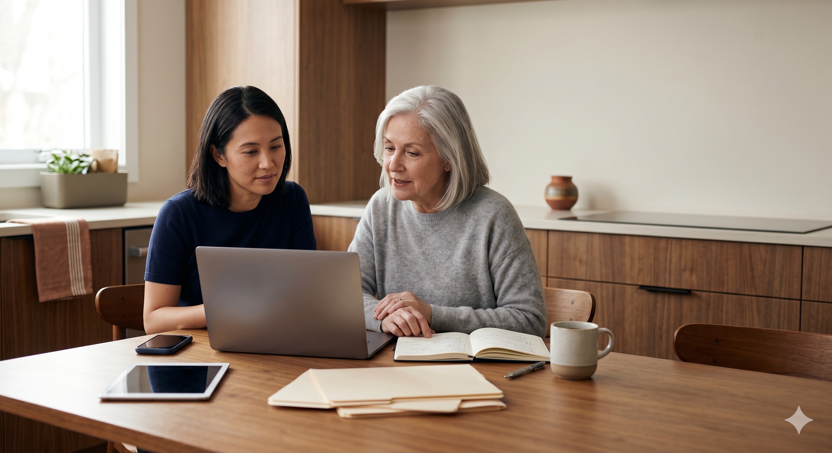 A multigenerational family sits together at a sunlit kitchen table with a laptop, phone, and tablet, calmly organizing online accounts, photos, and important documents.