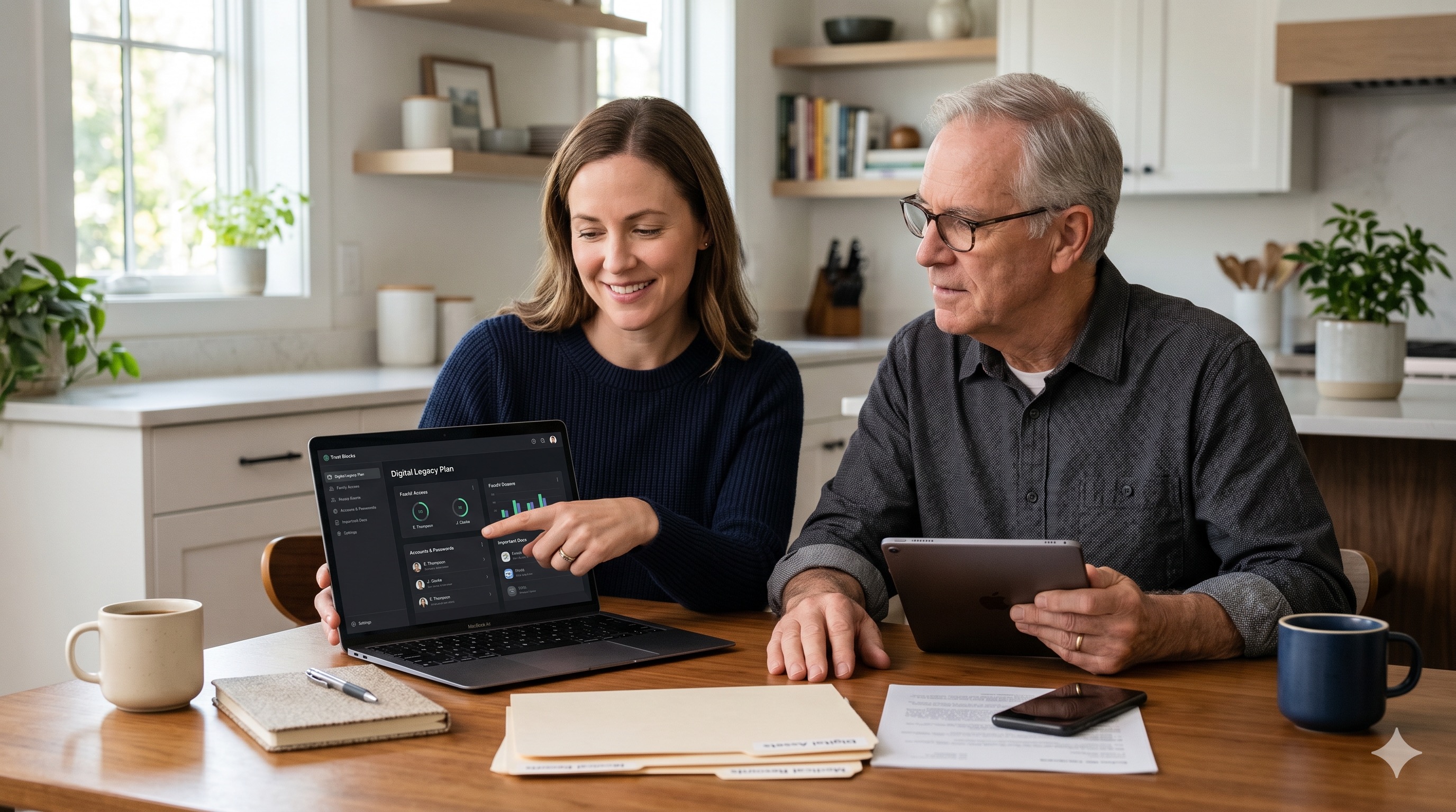 A relaxed family at a kitchen table reviewing a simple, organized digital estate plan together on a laptop and tablet, with documents neatly arranged nearby.