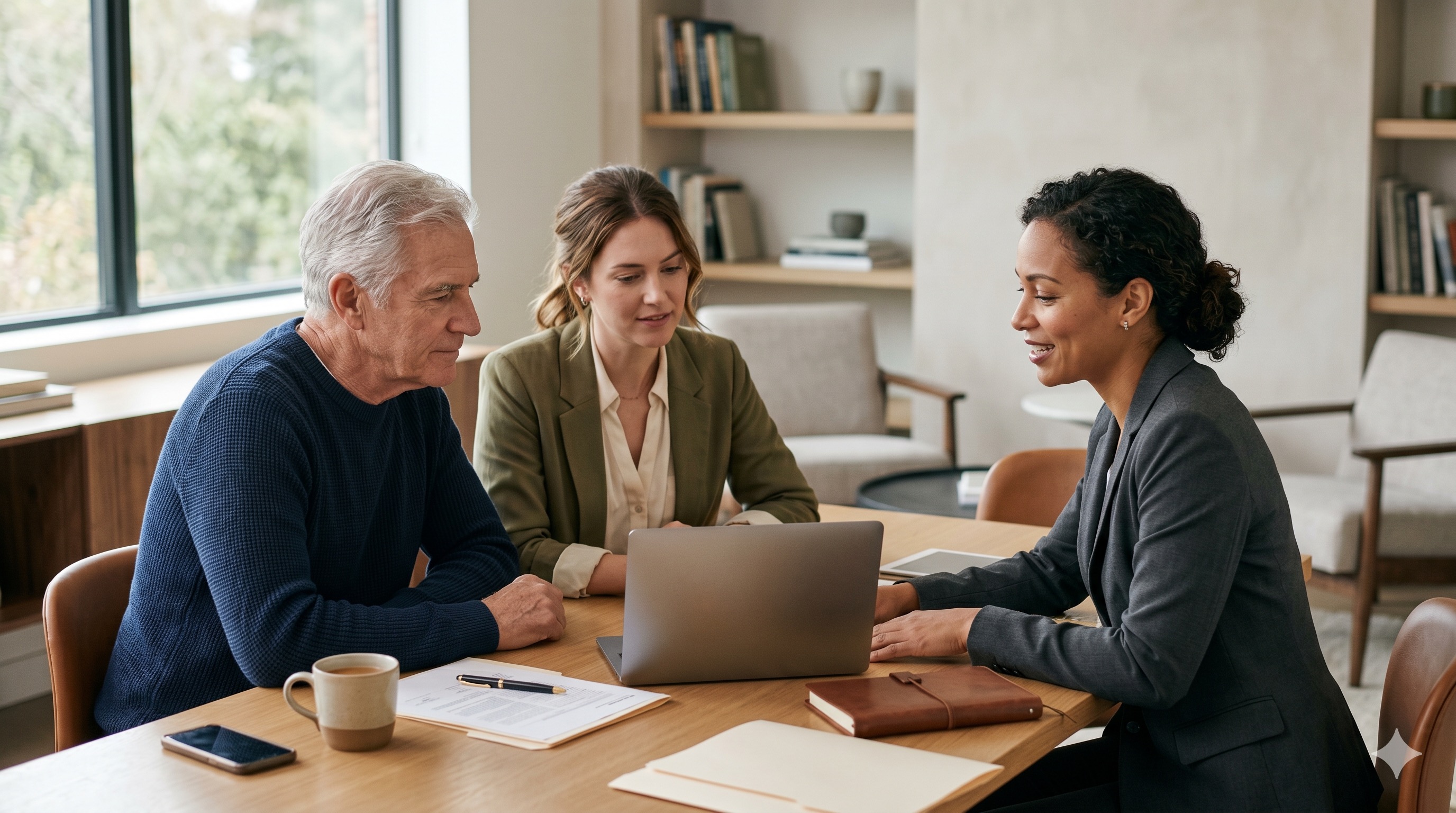A financial advisor reviews a client's digital asset plan on a laptop and notepad in a calm, well-lit office, with a phone and folder of documents nearby.