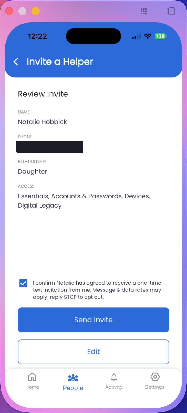 Trust Blocks mobile 'Invite a Helper' review screen showing the invitee's name, phone number (redacted for privacy), relationship, and access, above the consent attestation checkbox reading: 'I confirm Natalie has agreed to receive a one-time text invitation from me. Message & data rates may apply; reply STOP to opt out.' The box is checked, which is the only state in which the 'Send Invite' button becomes enabled — it starts unchecked with the button disabled.