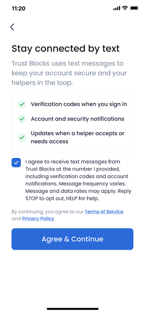 The same Trust Blocks 'Stay connected by text' opt-in screen after the user actively checks the box: the checkbox now shows a checkmark and the 'Agree & Continue' button is enabled.