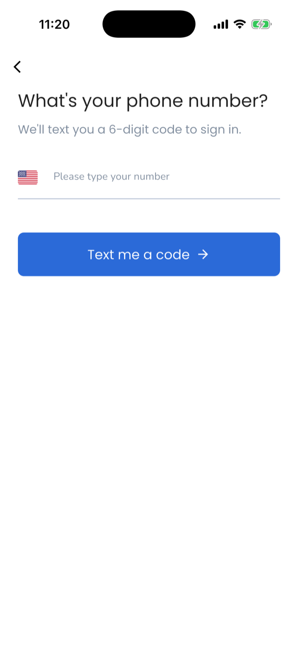 Trust Blocks mobile sign-up screen collecting the user's phone number: a heading asking for the phone number, a phone number input field with a US flag prefix and the format +1 (###) ### ####, and a 'Text me a code' button. This is the phone number collection field where the user provides the mobile number that will receive texts.